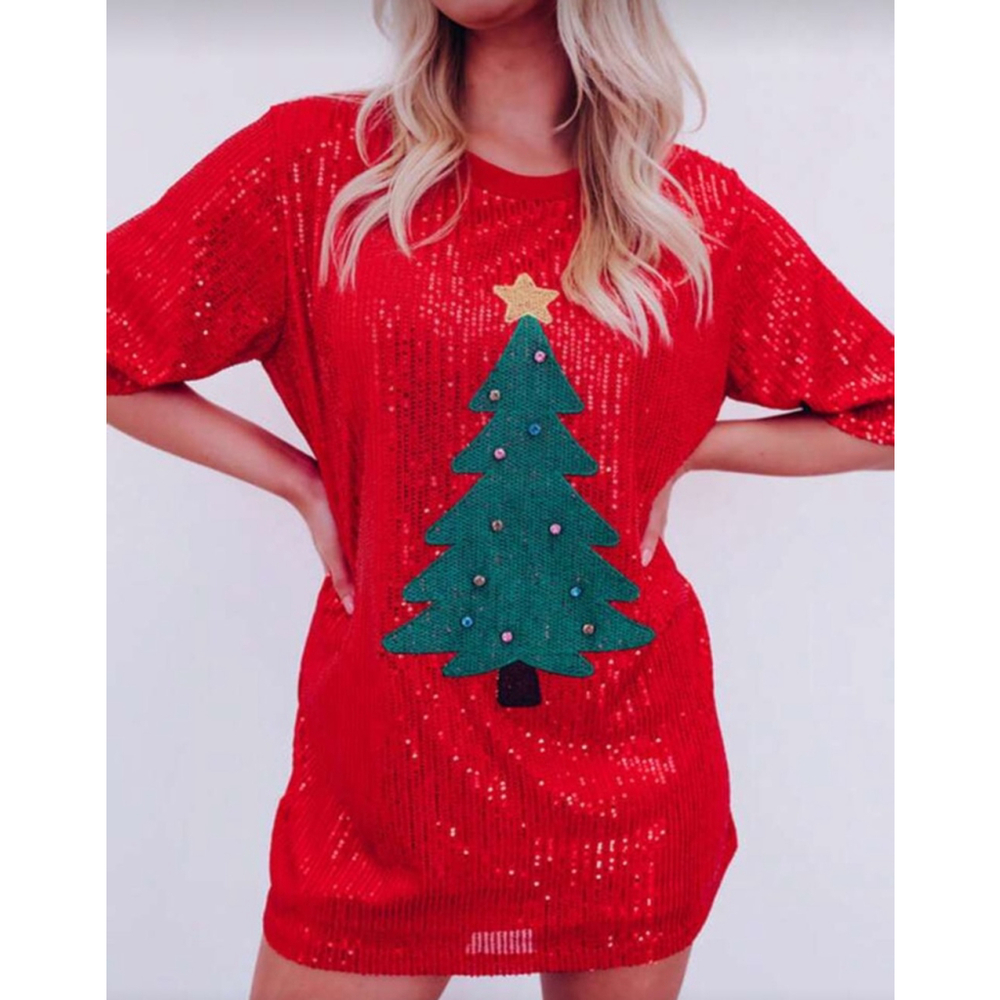 Red Sequin Mini T-Shirt Dress with Christmas Tree Patch - Picture 3 of 6